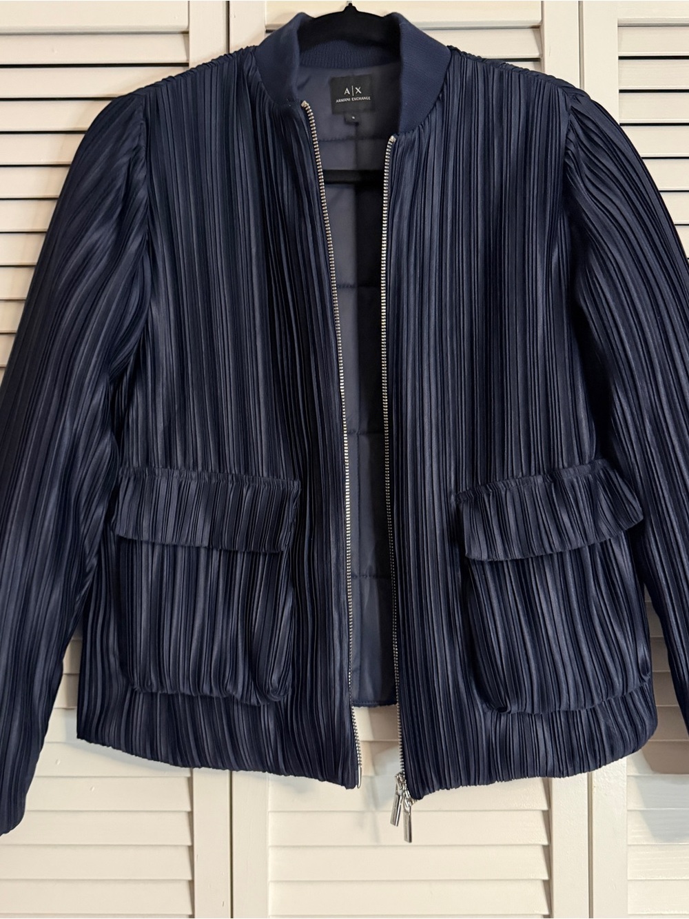 Armani Exchange Navy Blue Pleated Full-Zip Bomber Jacket Size Small
